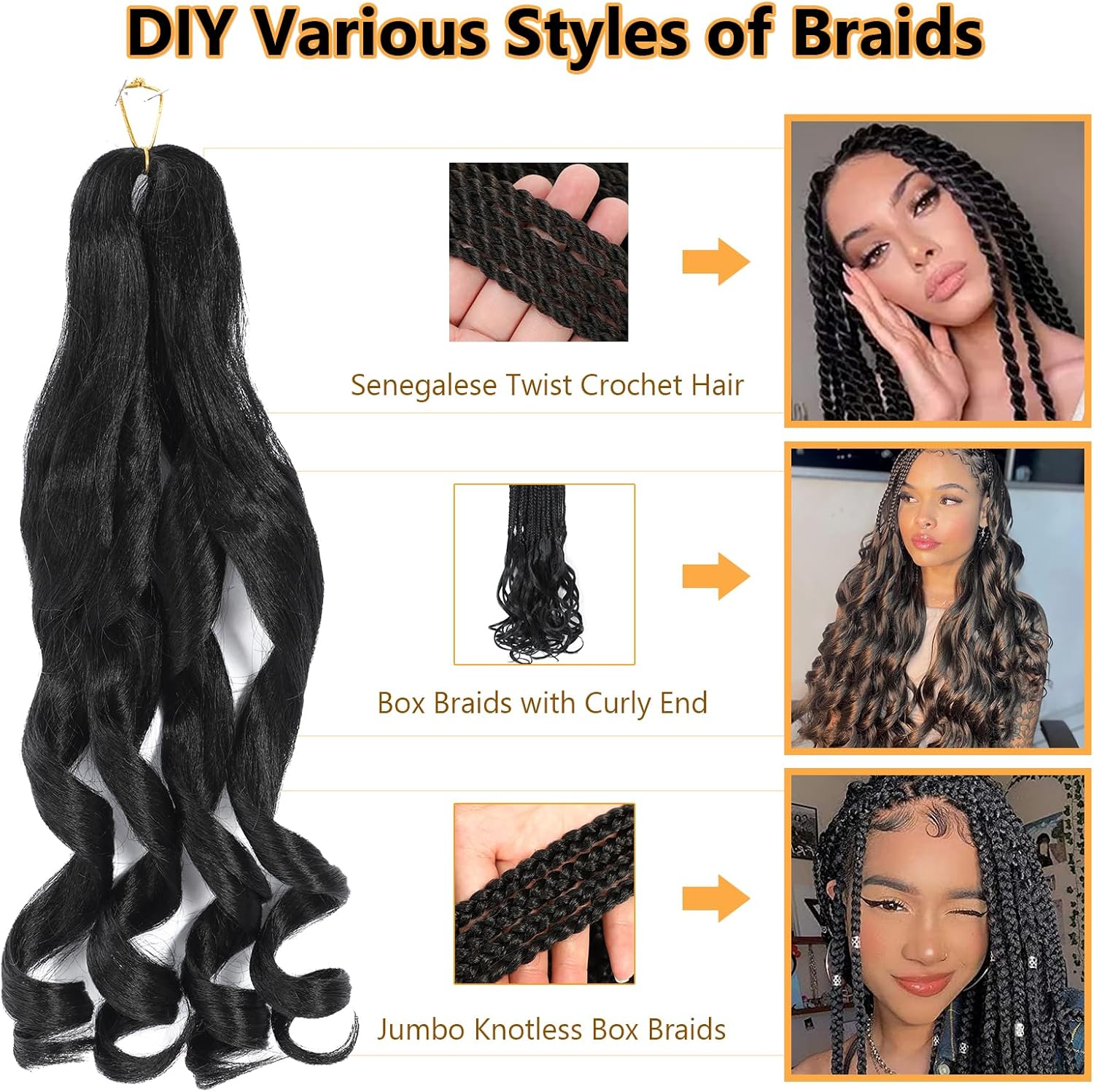 Mèches tresses africaines - French Curl - 22 pouces - 8 packs, boucles volumineuses