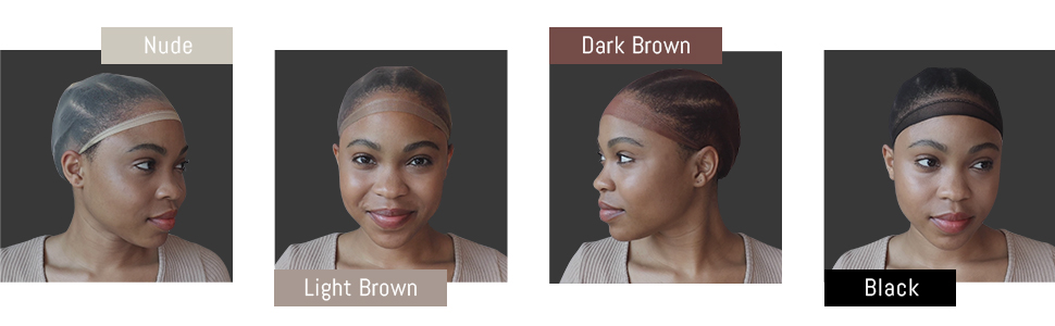 Quatre images montrant différentes nuances de bonnets de perruque : nude, marron clair, brun foncé et noir. Vues rapprochées des modèles