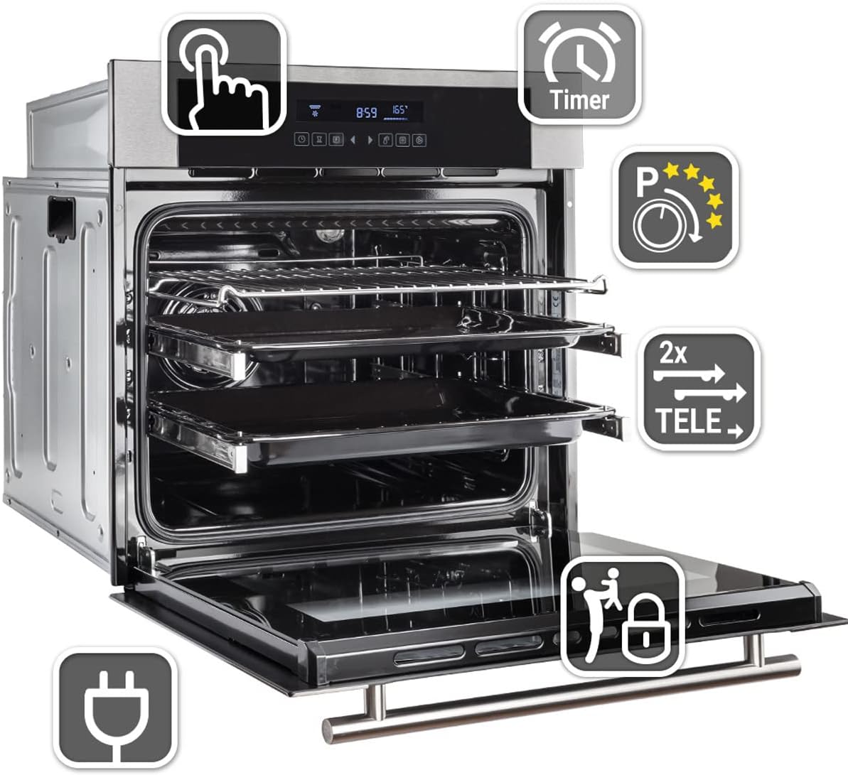 Four encastrable 60 cm - 70L, 3,3kW, gril, air chaud, double vitrage, EB8015ED