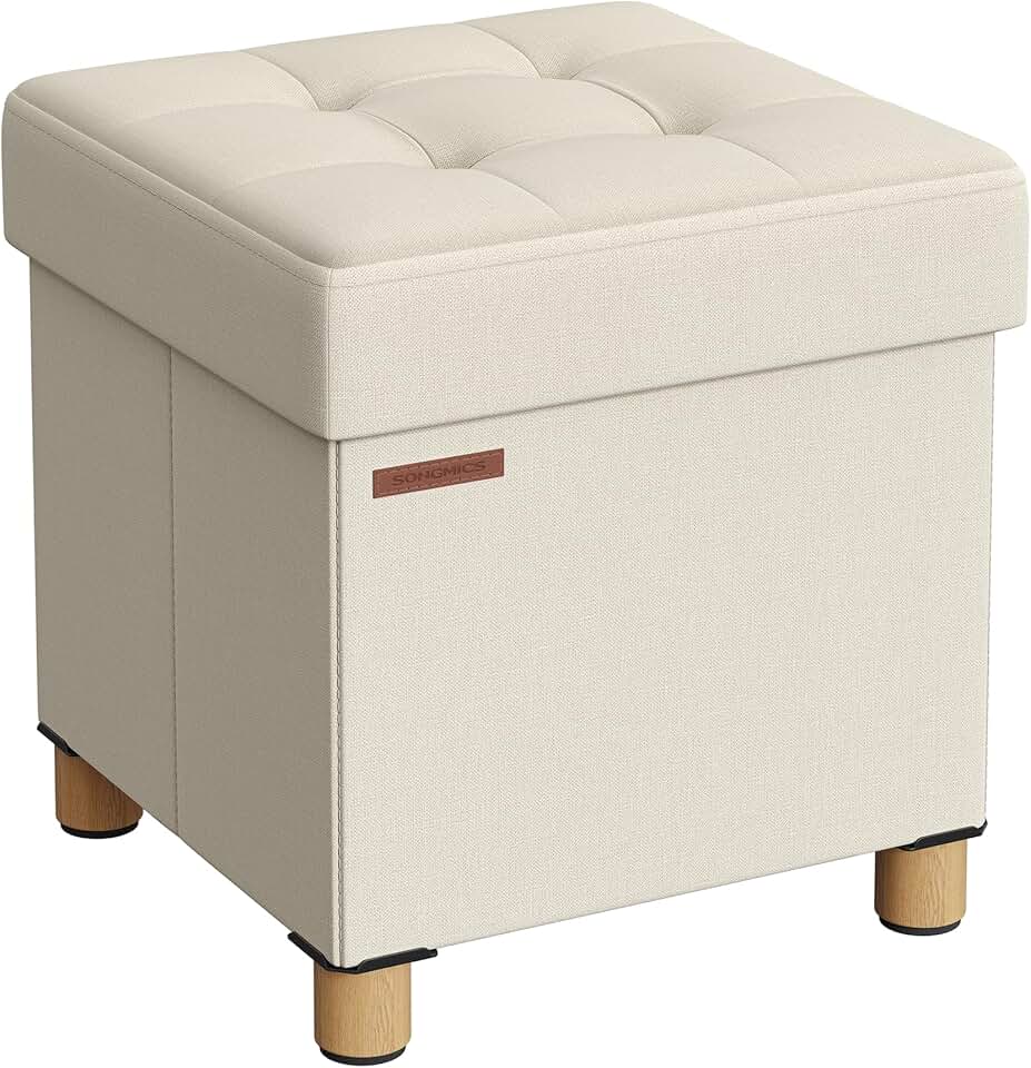 SONGMICS - Tabouret de rangement pliable 38x38x40 cm, supporte 300 kg, blanc crème LSF014W11