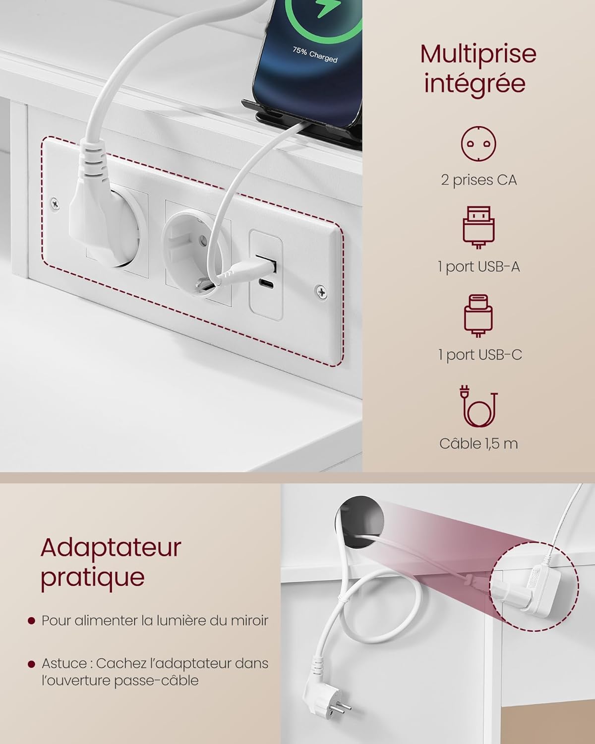 VASAGLE - Kailyn Collection - coiffeuse LED, 9 tiroirs, blanc, RDT137W01