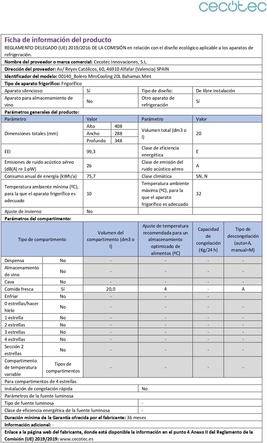 Cecotec - Mini frigo Bolero MiniColing 20L - 20L, 12-220V, chaud/froid, 7-65°C