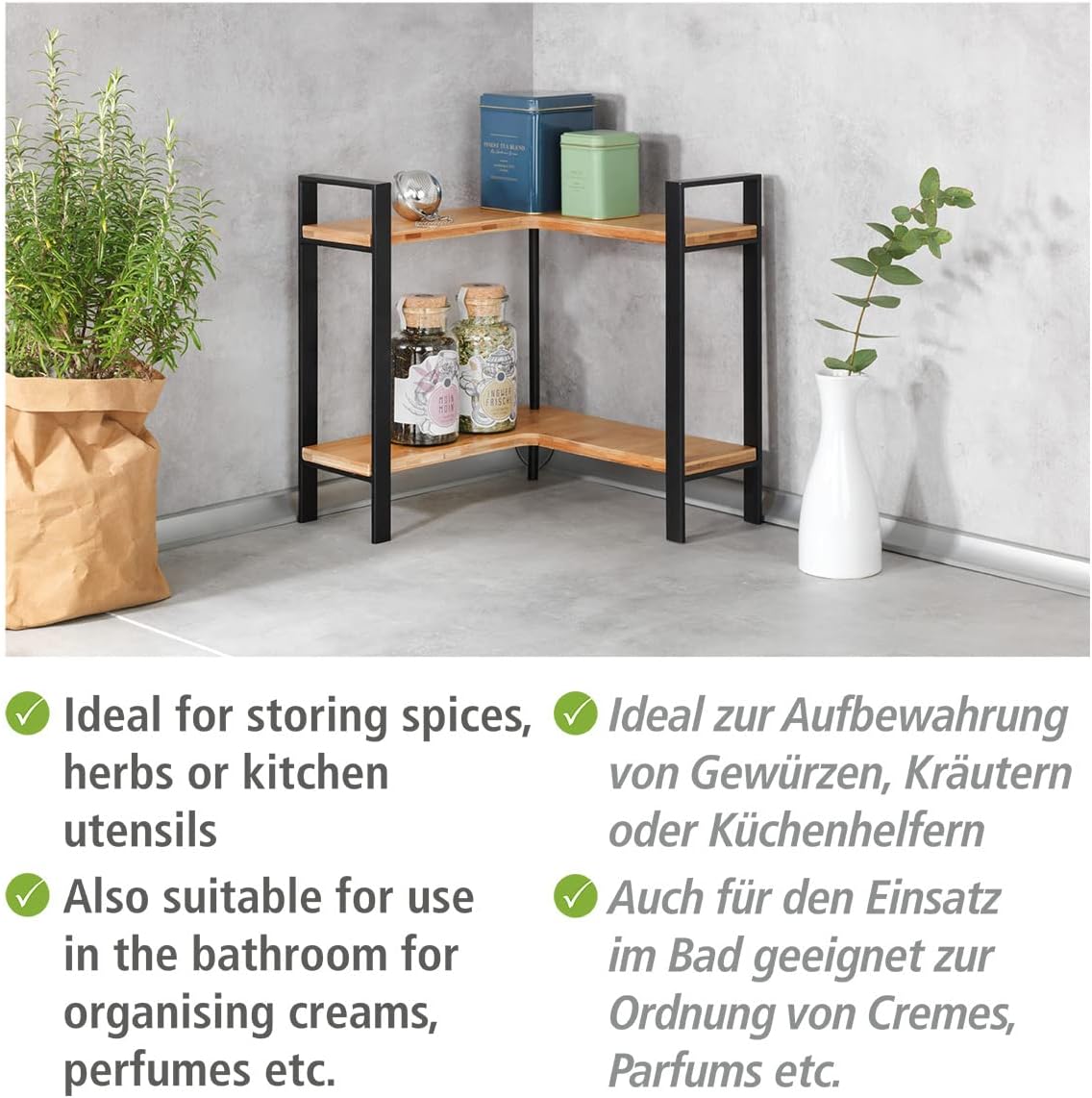 WENKO - Lou - 30x33x30cm - étagère d'angle cuisine, 2 niveaux, bambou/acier