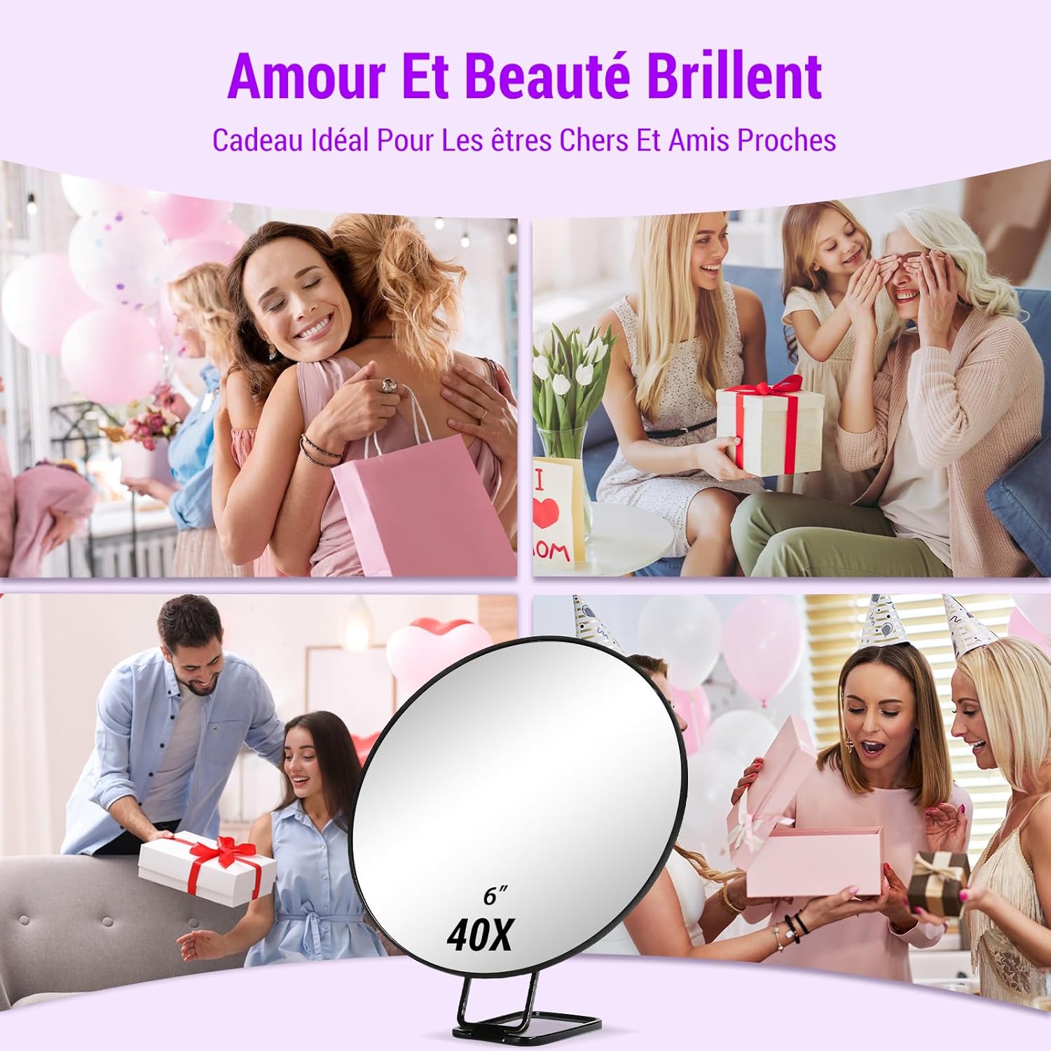 Miroir grossissant - 40x - support, pince à épiler, ciseaux, maquillage