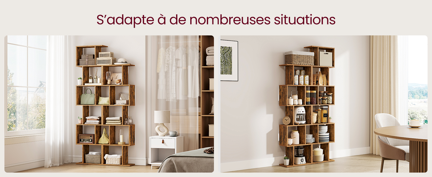 Le texte se lit comme suit : « s'adapte à de nombreuses situations ». Scènes intérieures montrant des meubles ou des installations de rangement dans divers environnements.