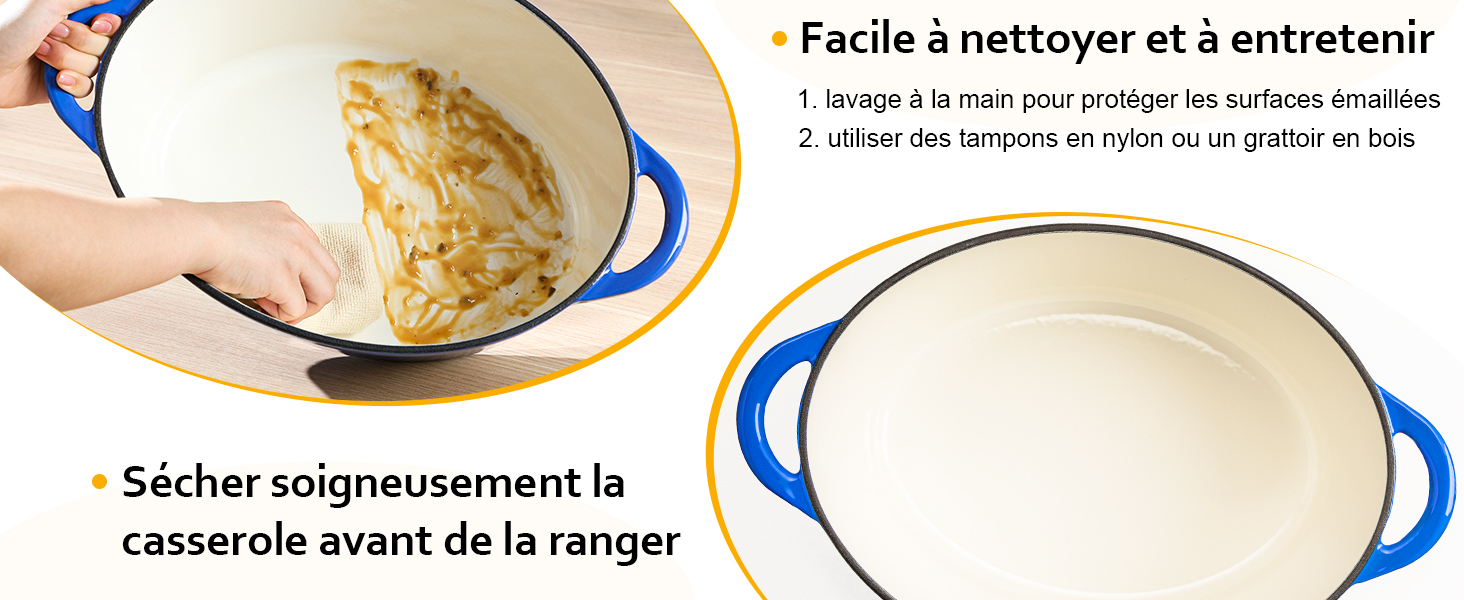 montrée en train d'être nettoyée et séchée. Les instructions relatives à l'entretien et à l'entretien appropriés sont fournies en français.