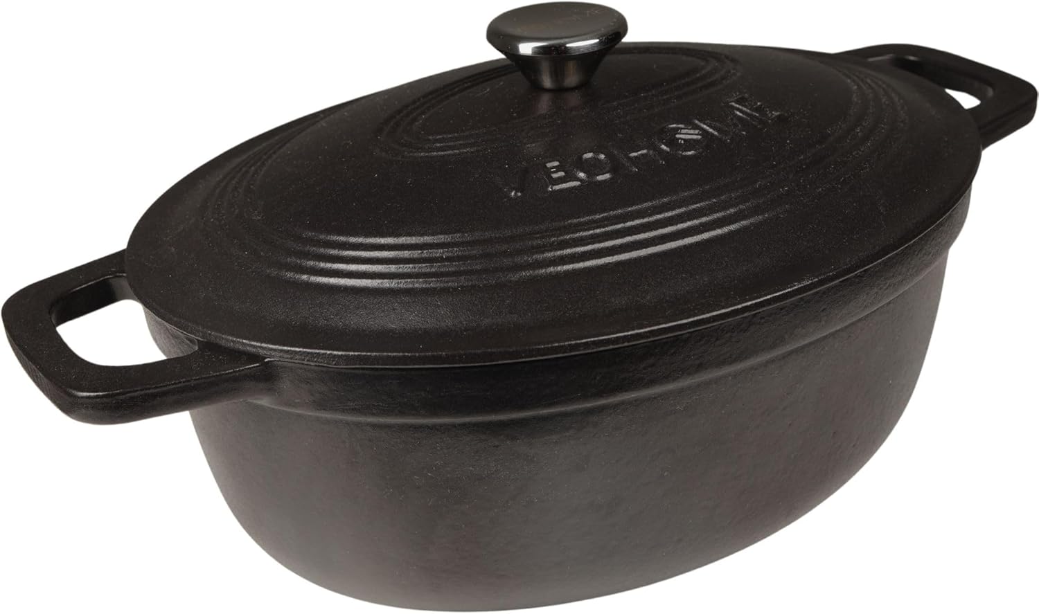VeoHome - Cocotte fonte émaillée ovale 6L - noir mat, ultra résistante, induction, four, couvercle relief