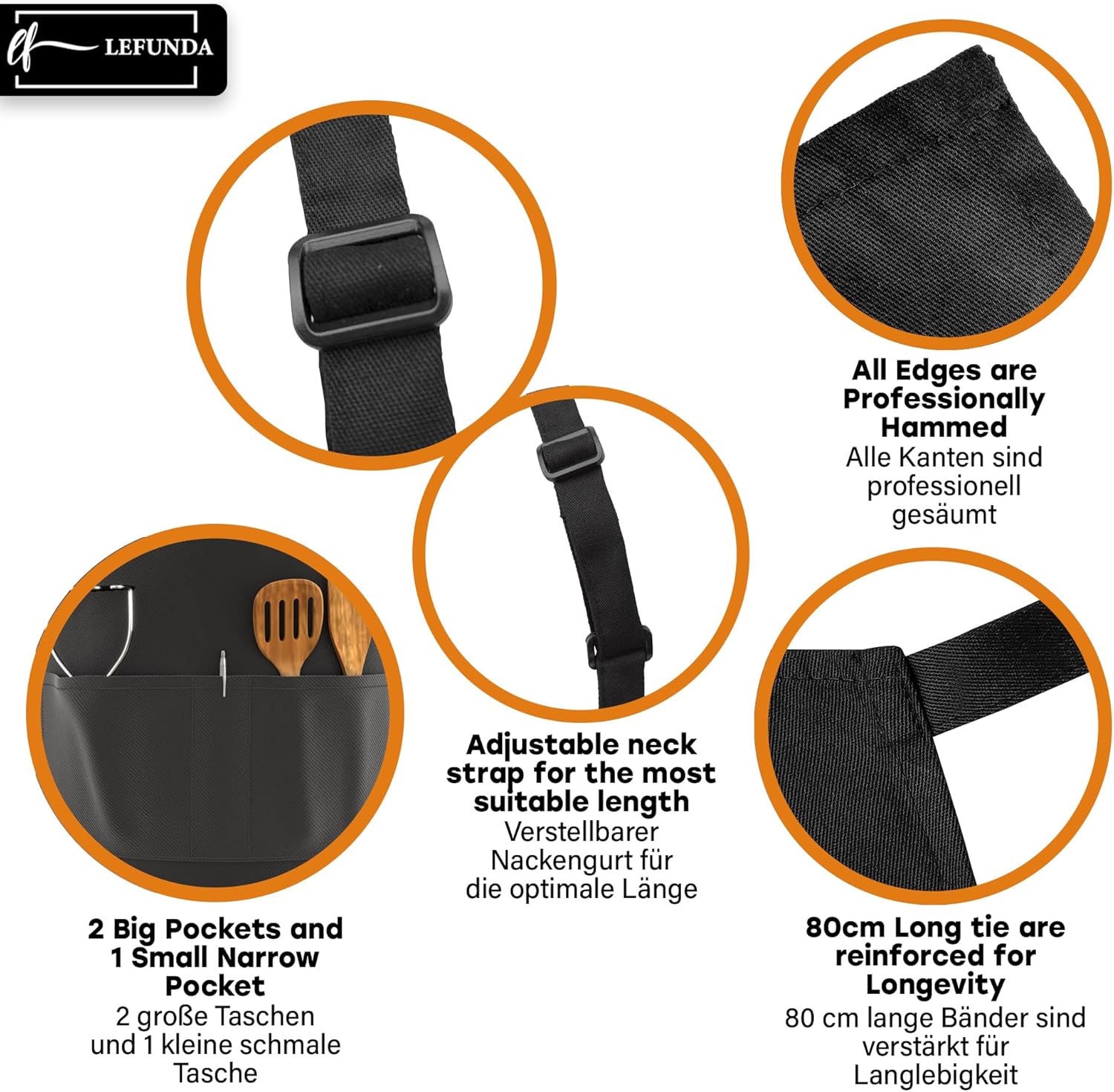 LEFUNDA - Tablier cuisine 3 poches - réglable, imperméable, longues lanières