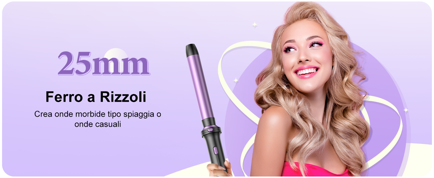 Le texte indique « Ferro a Rizzoli » et « 25 mm ». Images de produits montrant un fer à friser créant des coiffures ondulées, affichées sur plusieurs panneaux avec des accents violets.