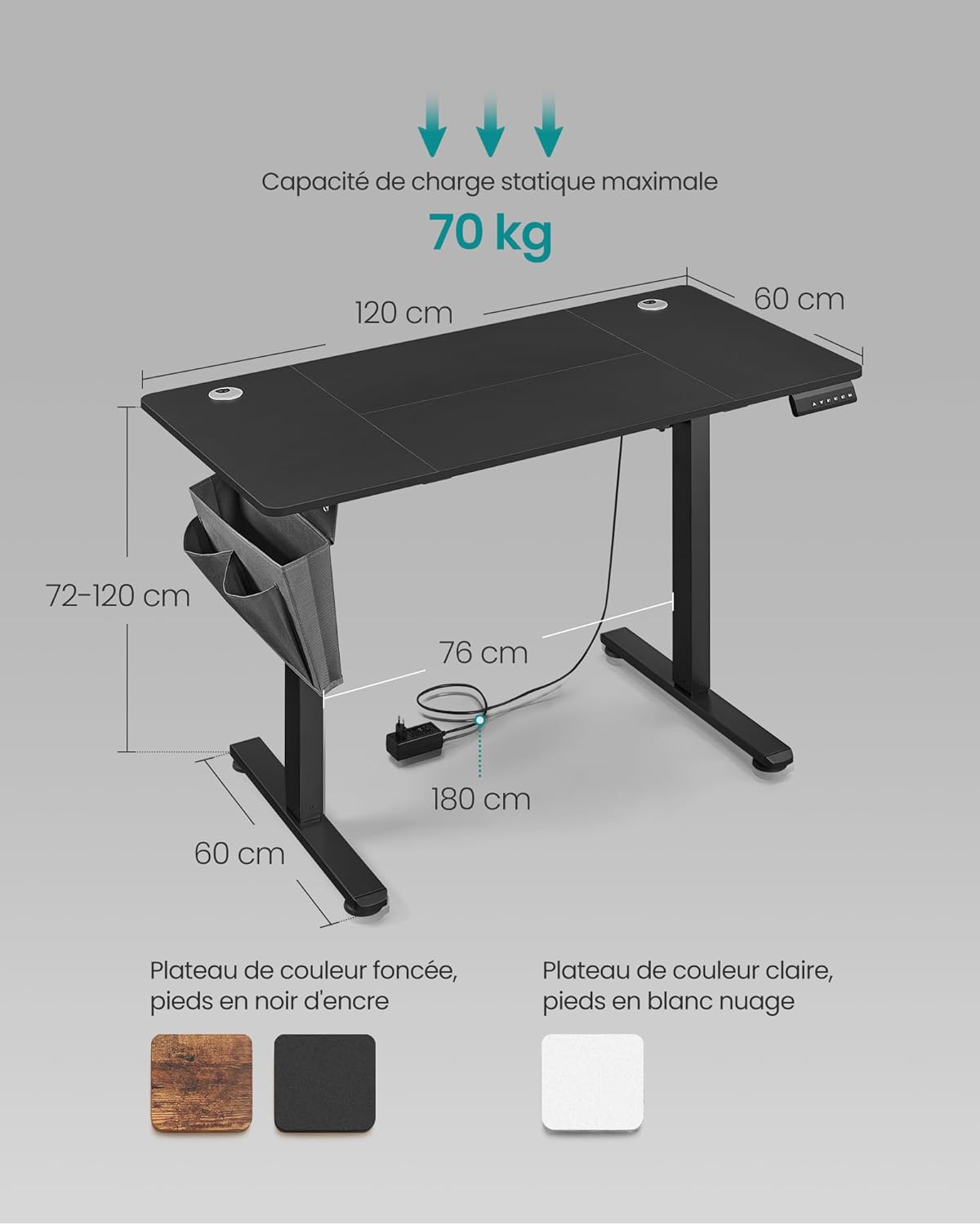 SONGMICS - Bureau électrique réglable, 120x60 cm, mémoire 4 hauteurs, LSD132B01