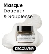 Le texte se lit comme suit : « Masque Douceur & Souplesse » et « Découvrir ». Bocal en verre contenant un produit à base de crème illustré avec des éléments décoratifs blancs.