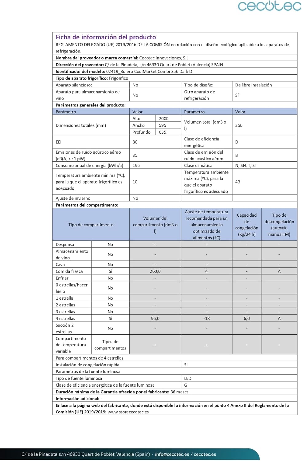 Cecotec - Bolero CoolMarket Combi - 200x60cm - 356L, No Frost, Multi Air Flow, basse conso