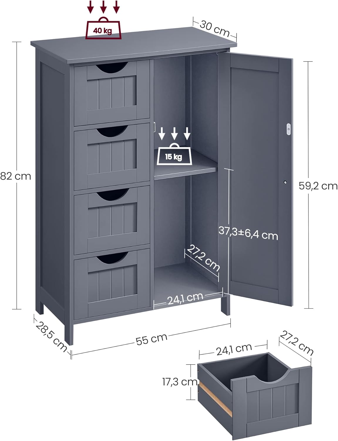 VASAGLE - armoire salle de bain, 30x55x82 cm, 4 tiroirs, porte, LHC41GY