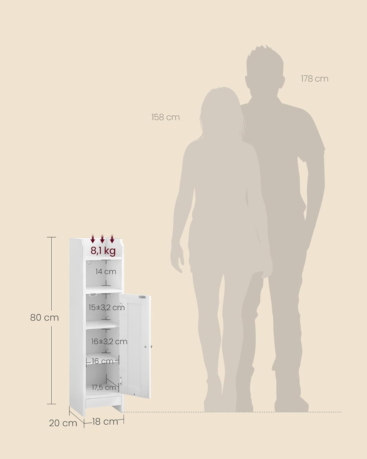 VASAGLE - meuble salle de bain angle, 20x18x80 cm, étagères réglables, BBC310W01