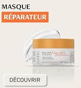 Le texte se lit comme suit : « MASQUE RÉPARATEUR DÉCOUVRIR ». L'emballage du produit montre un tube ou un contenant cosmétique blanc avec des accents dorés et oranges.