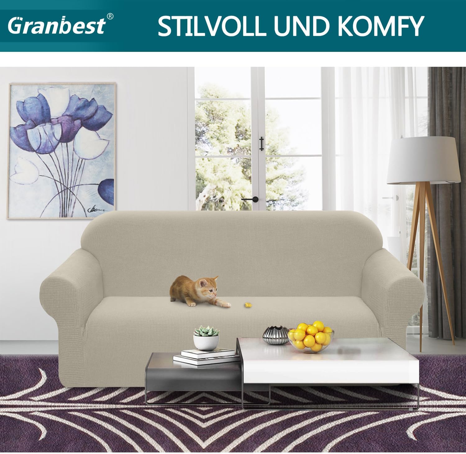 Granbest - housse stretch imperméable 3 places - sable - mousse antidérapante