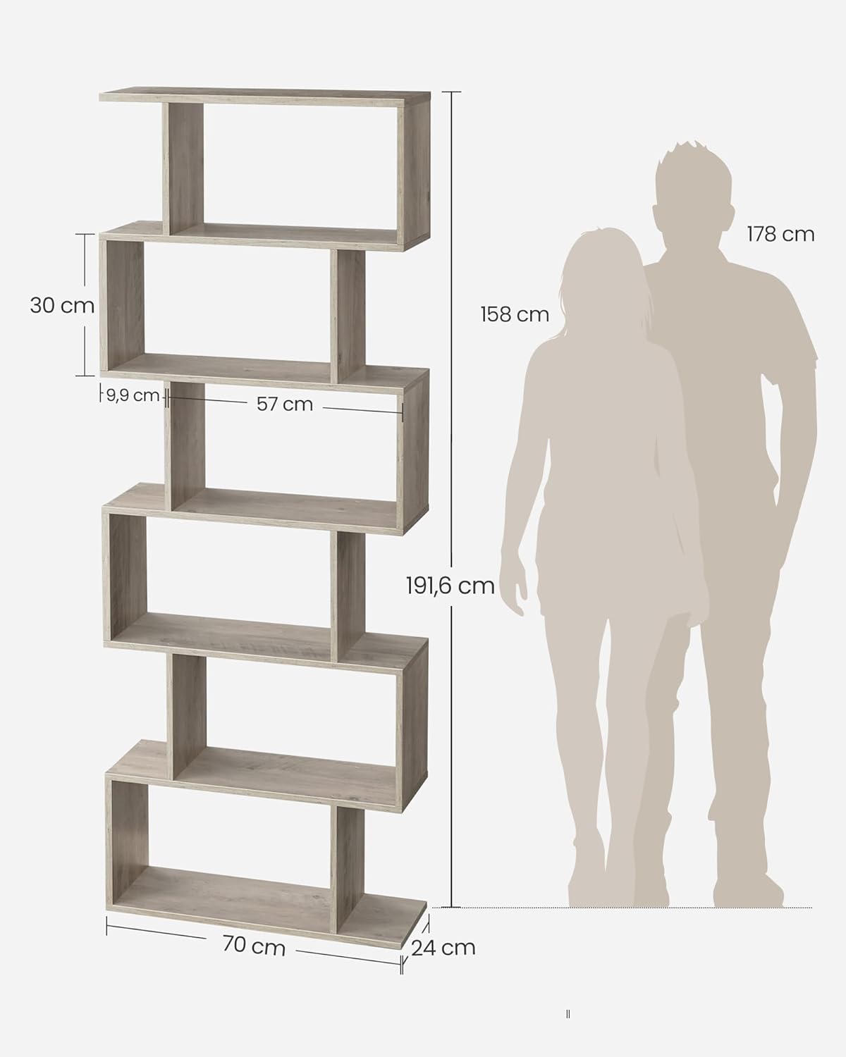 VASAGLE - étagère 6 niveaux, 24x70x191,6 cm, séparateur, rangement, LBC061M01