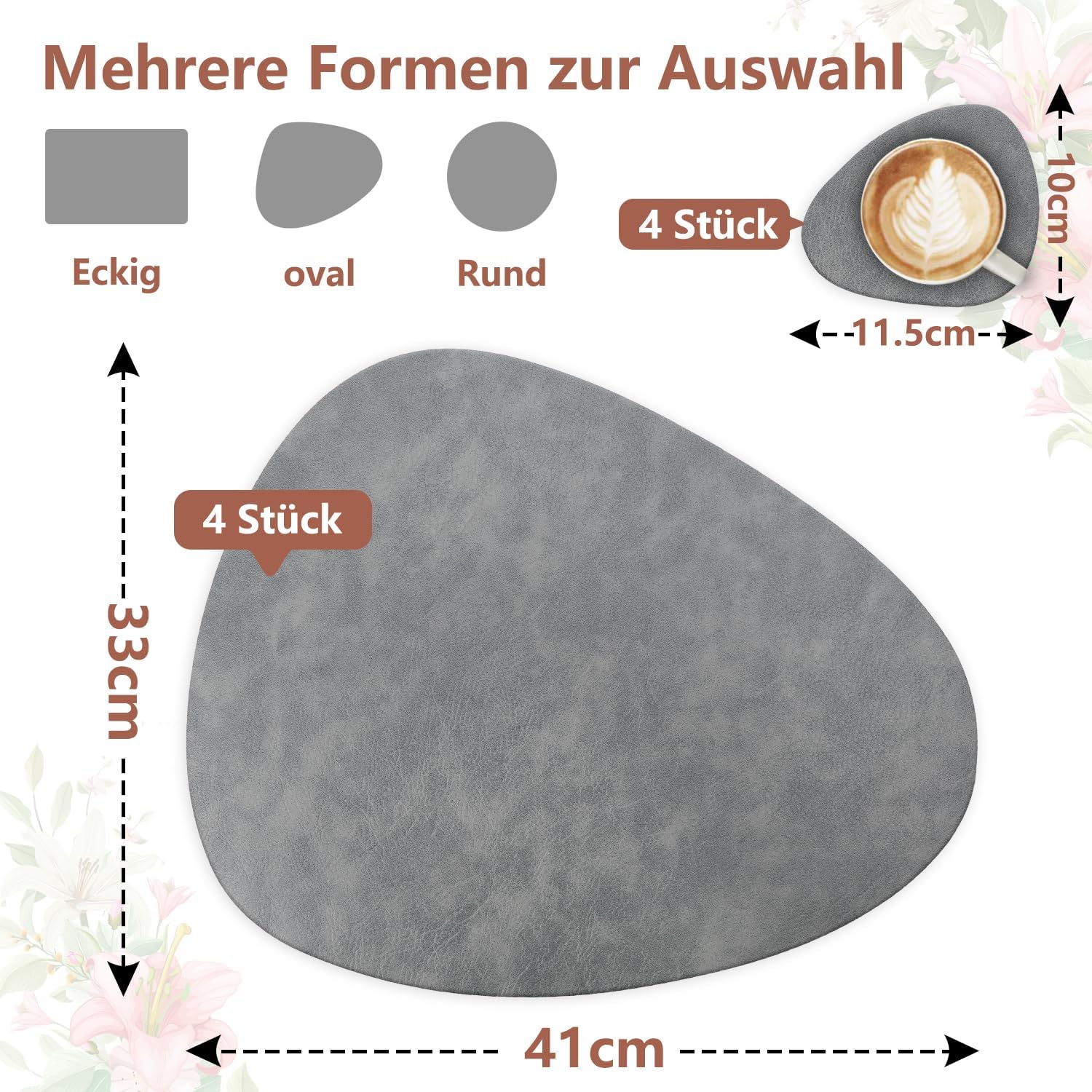 Set de table - lot de 4, PU double face, 36x36cm, lavable, antidérapant