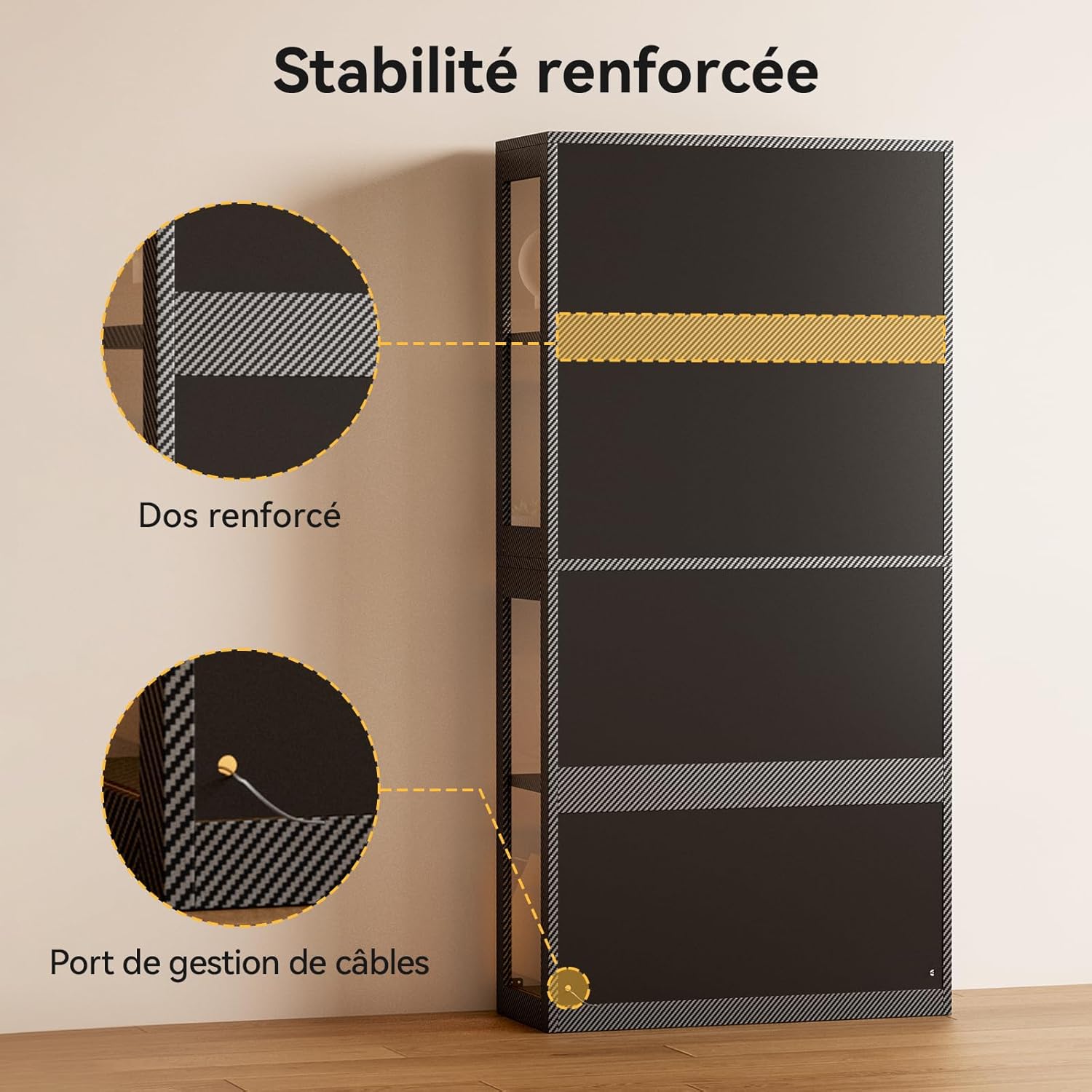 Coleshome - vitrine 4 étagères LED - portes verre, kit anti-chute, noir