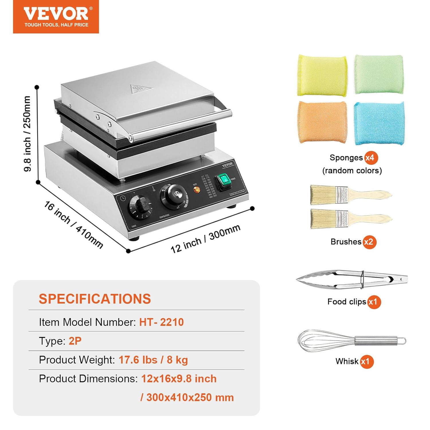 VEVOR - Gaufrier Commercial 2PCs - 2000W inox, antiadhésif, contrôle température et temps