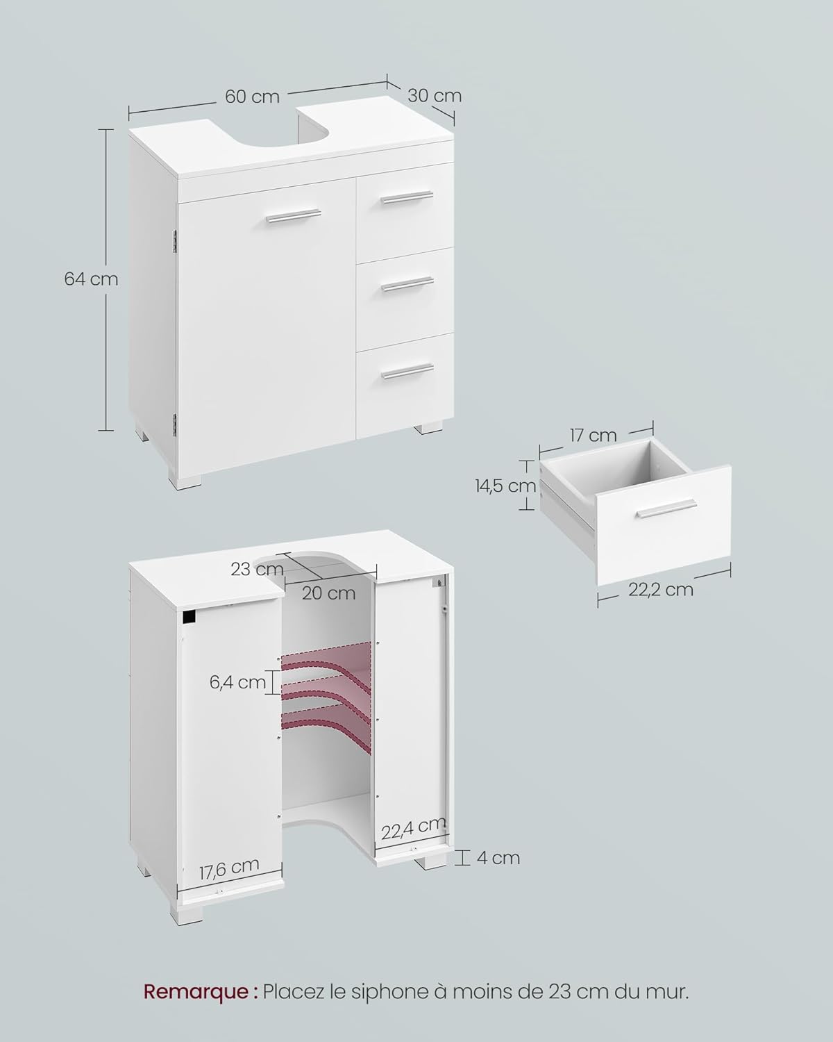 VASAGLE - meuble sous lavabo série BBK514WB01 - 30x60x64 cm - 3 tiroirs, 2 compartiments, pieds, blanc