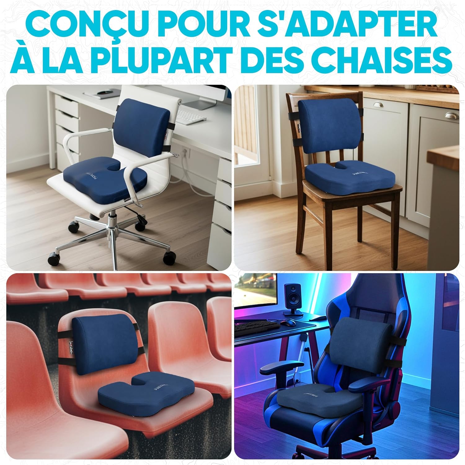 FORTEM - coussin lombaire/assise mémoire de forme - antidérapant - soutien dos et confort chaise/auto