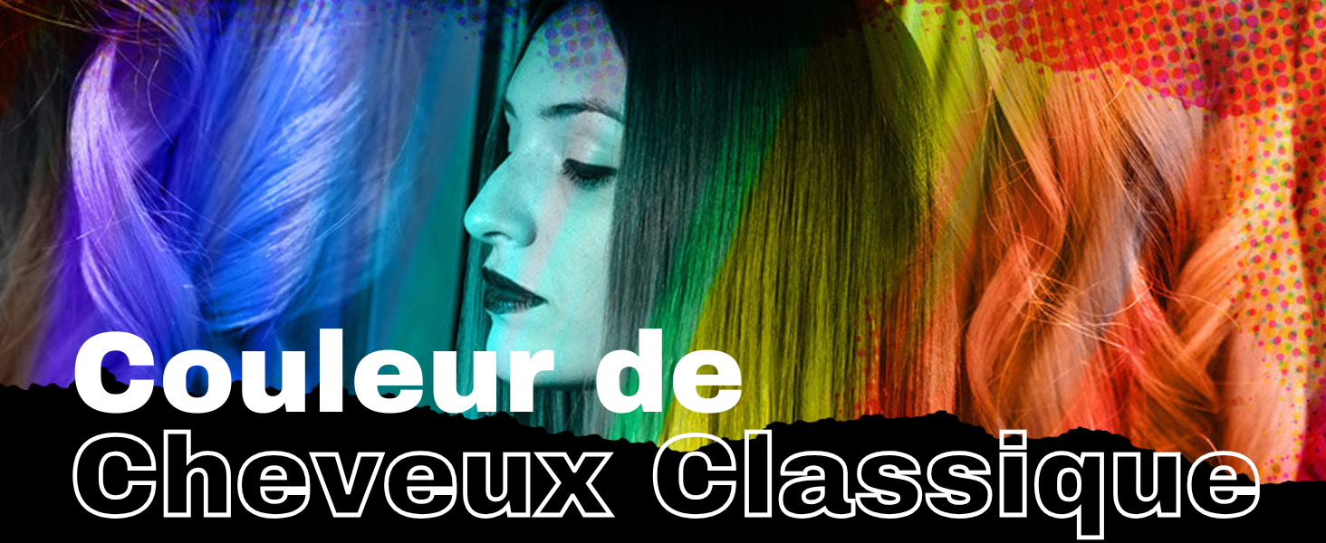 Publicité de couleur de cheveux éclatante présentant un spectre de teintes allant du violet au rouge. Le texte superposé indique « Couleur de cheveux classique », indiquant les produits de coloration classiques