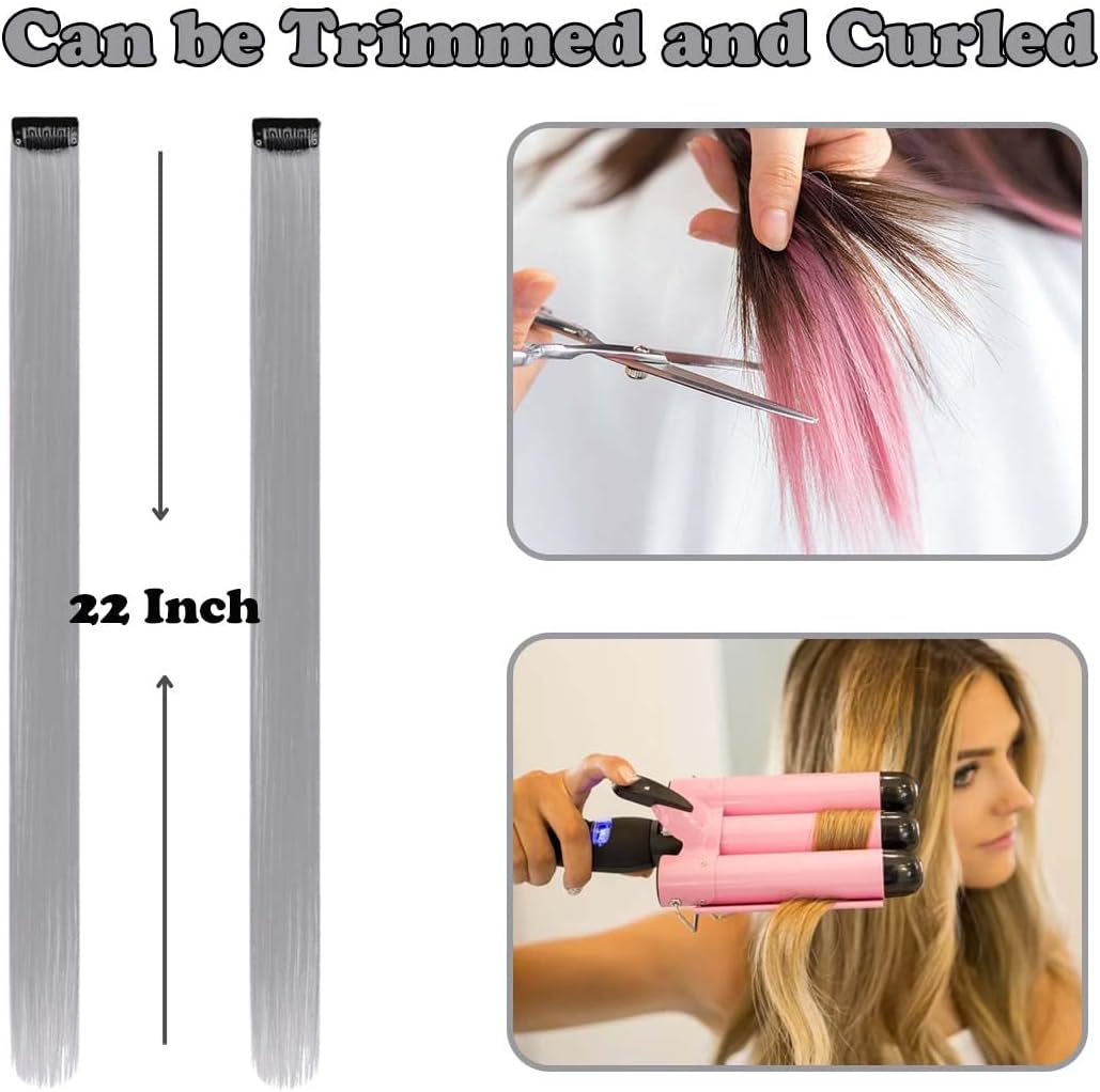 Extensions de cheveux - 12 pcs, gris, clips faciles, mèches colorées