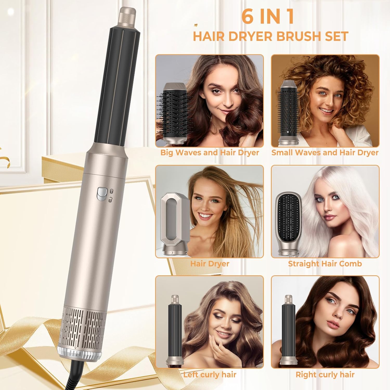 Air Styler - Airbrush 6 en 1 - 1000W - ionique, 6 accessoires, réglable