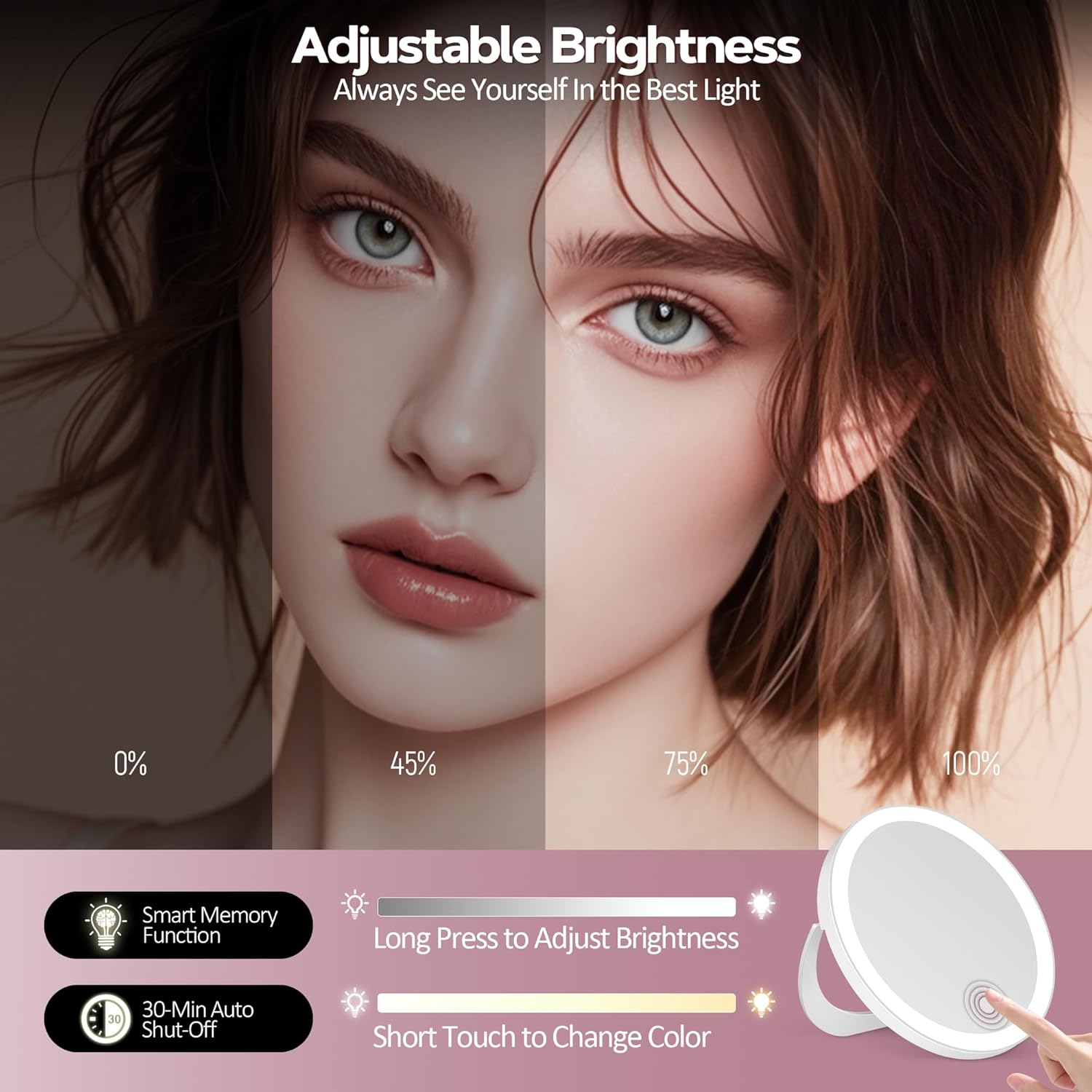 Miroir grossissant - 30x, éclairage à intensité variable, ventouse, couleurs multiples, format table ou mural