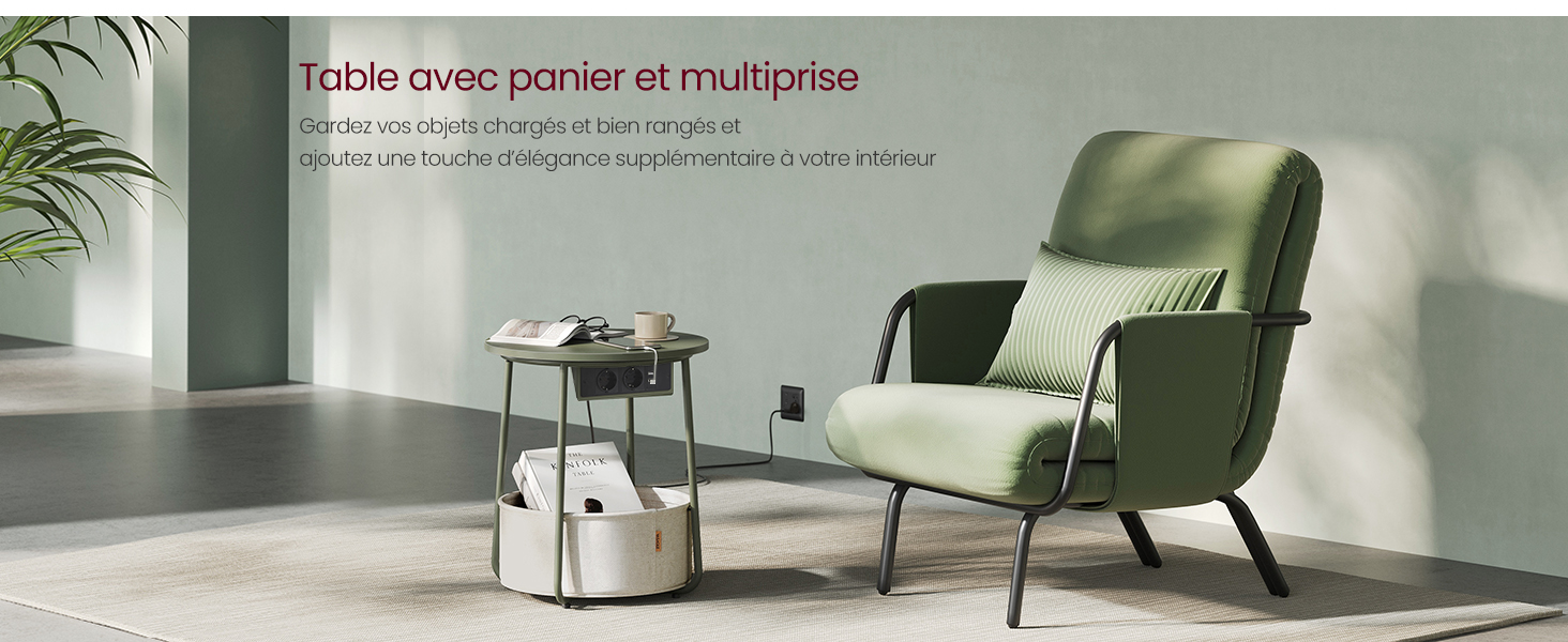 Cadre de salon moderne avec fauteuil vert, table d'appoint et panier de rangement blanc. Texte en français visible.
