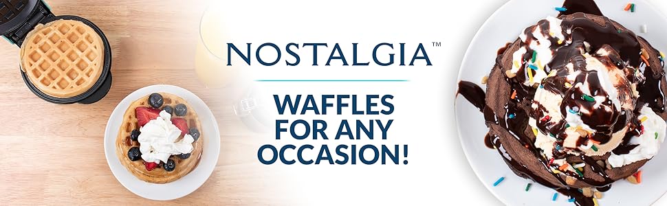 Le texte se lit comme suit : « DES GAUFRES NOSTALGIQUES POUR TOUTES LES OCCASIONS ! » avec des images de gaufres garnies de crème fouettée et de sauce au chocolat.