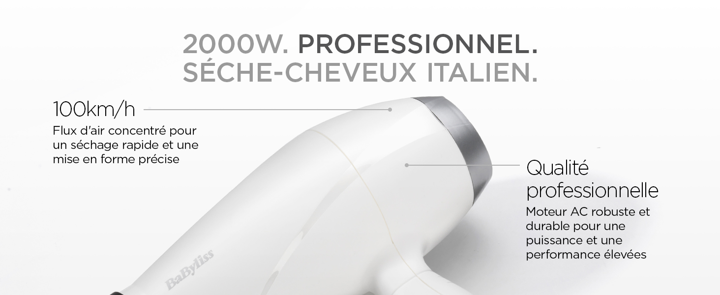 BaByliss, Sèche-cheveux Speed Pro 2000, 6704WE, séchage rapide, fabriqué en Italie, fonction ionique