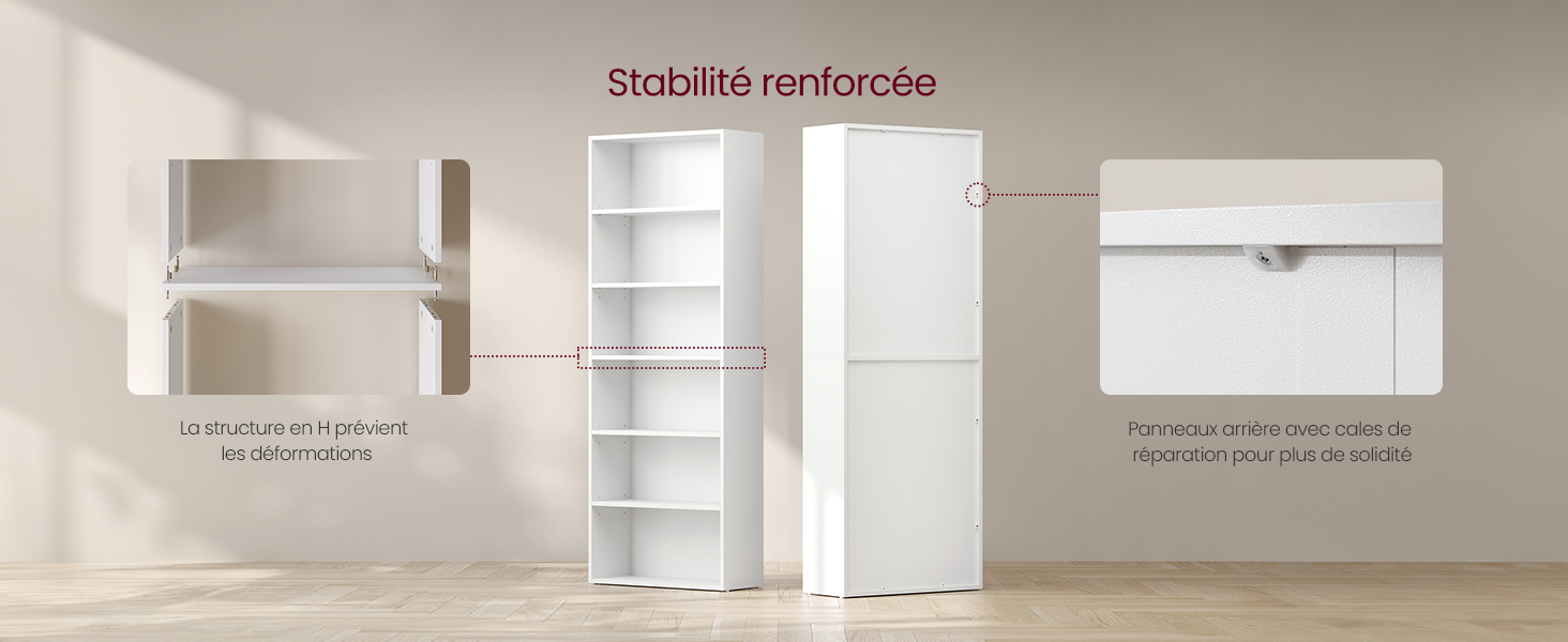 Schéma du système de rangement mural modulaire blanc montrant des caractéristiques de stabilité renforcées et plusieurs configurations d'étagères