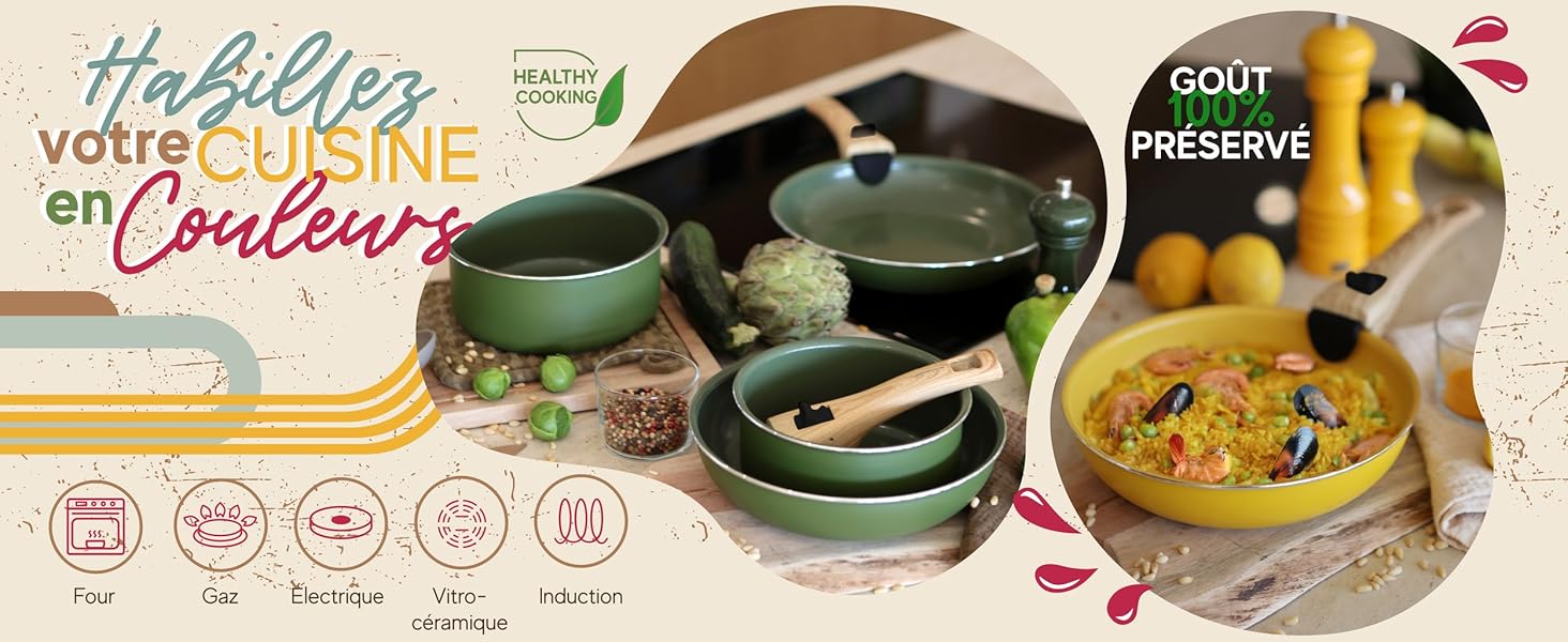 Le texte se lit comme suit : « Appliquez votre cuisine ». Série d'images de préparation de la cuisine montrant des ingrédients et des plats sur des surfaces en bois.