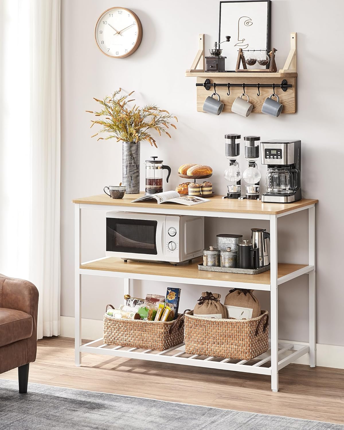 VASAGLE - îlot de cuisine 3 niveaux 60x120x90 cm acier chêne moderne KKI001W09