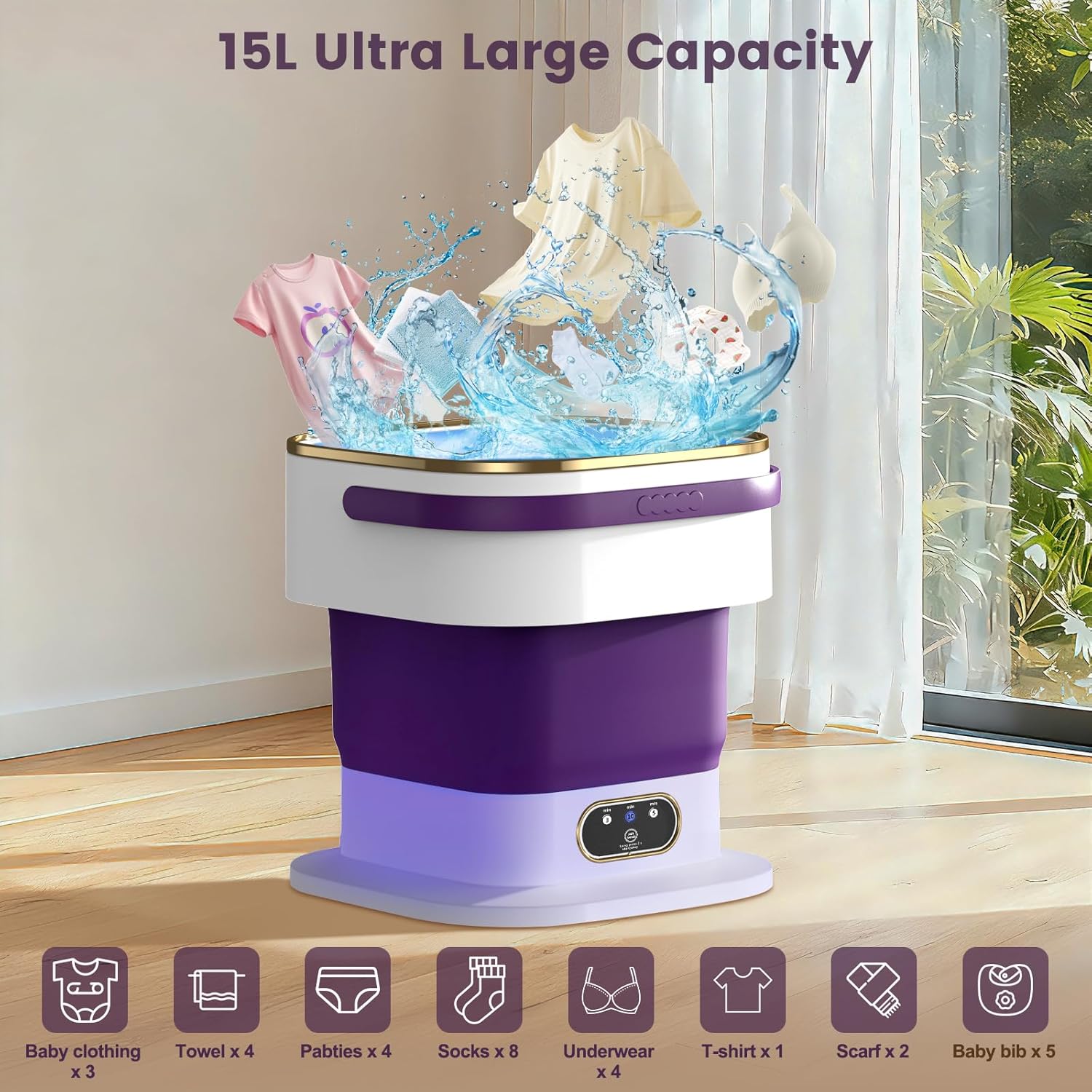 Mini Machine à Laver - 15L 2-en-1, essorage, 3 modes, portable, violet