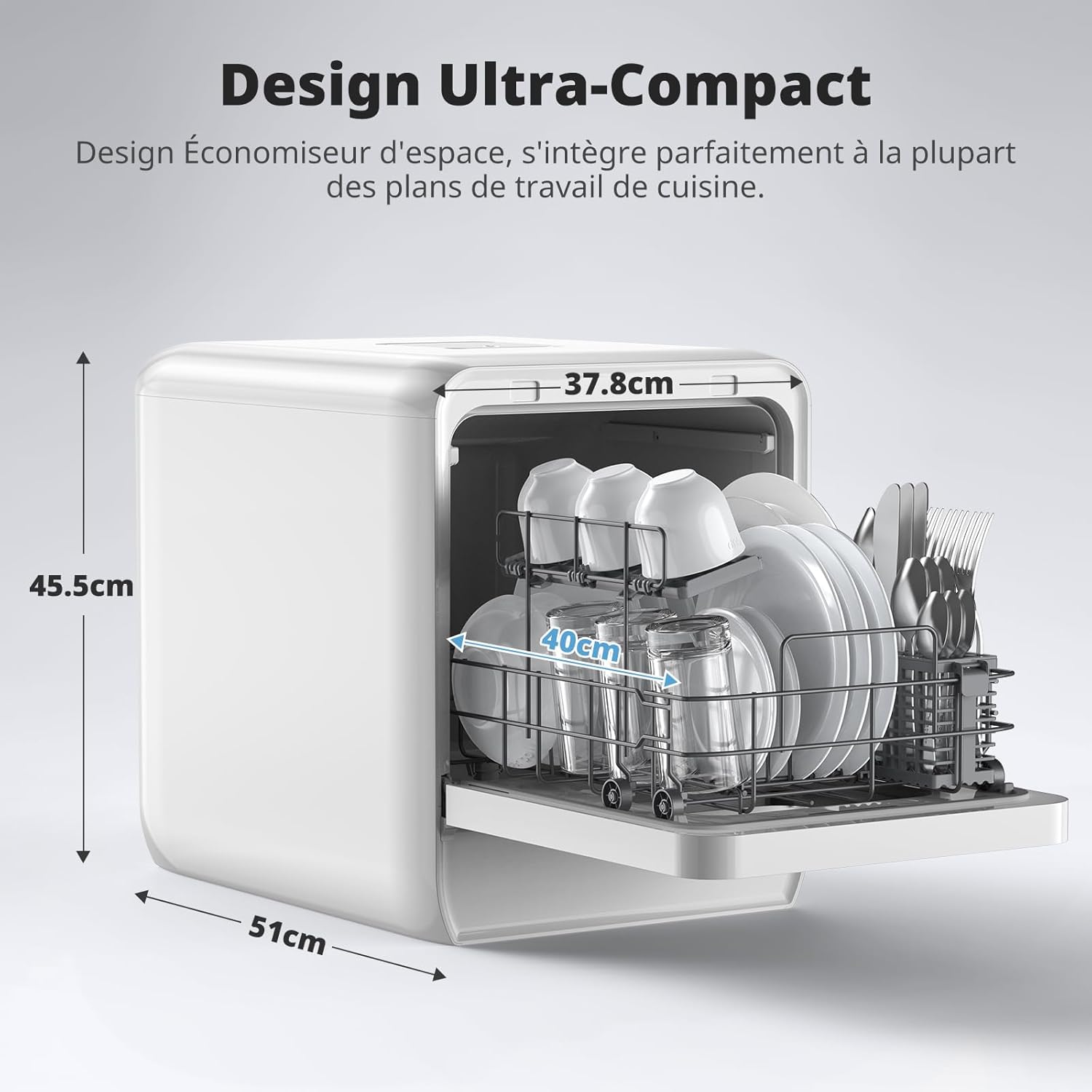 AIRMSEN - Mini Lave-vaisselle ultra-étroit 37x50cm - 4 couverts, 7+2 programmes, réservoir 5L, démarrage différé