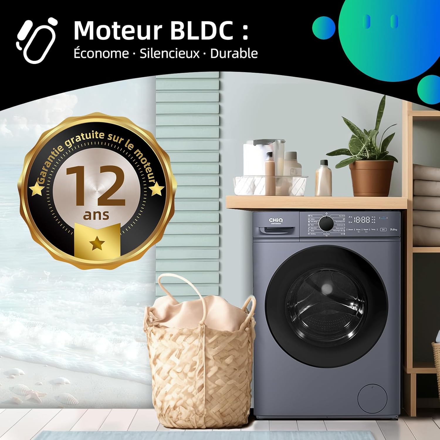 CHiQ - lave-linge compact 7kg, 1200tr/min, vapeur, classe A, CW07123863AX