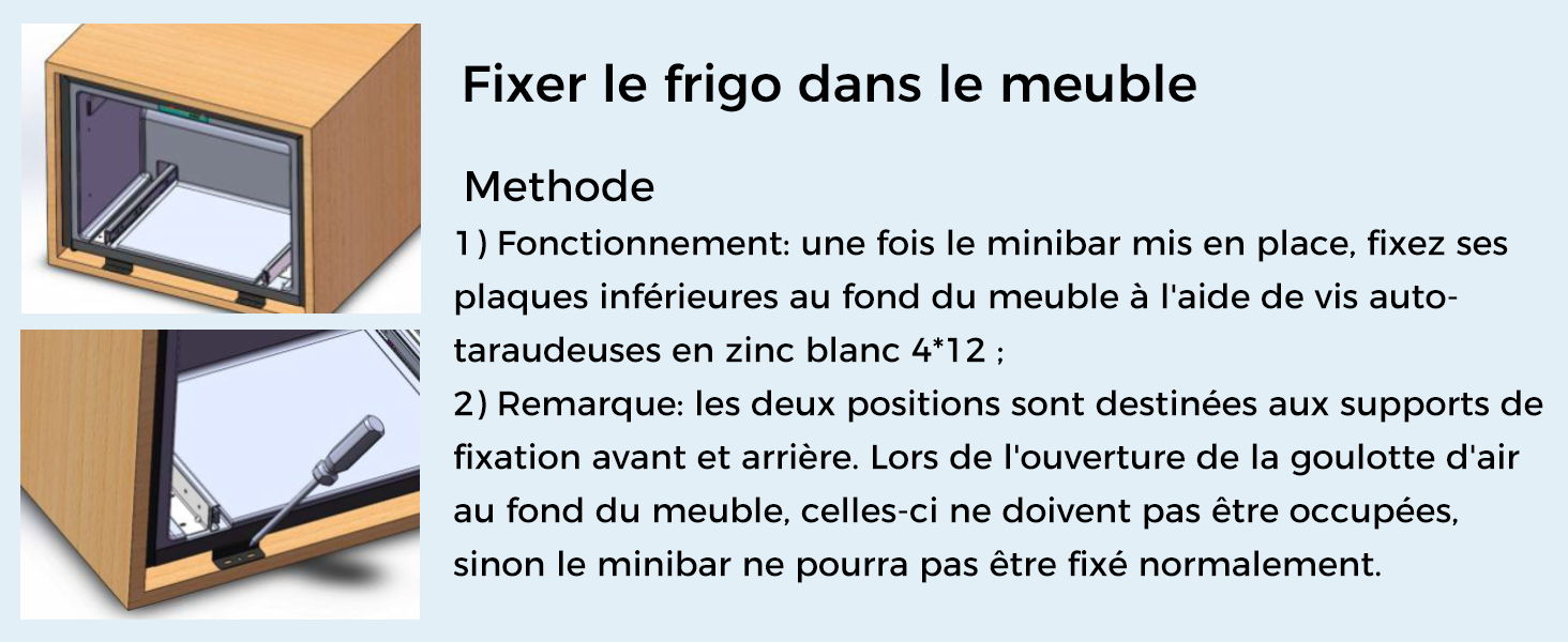 Le texte indique « Fixer le frigo dans le meuble » avec un schéma montrant les instructions d'installation du réfrigérateur en français. L'illustration technique montre les positions de montage et les considérations relatives au débit d'air.