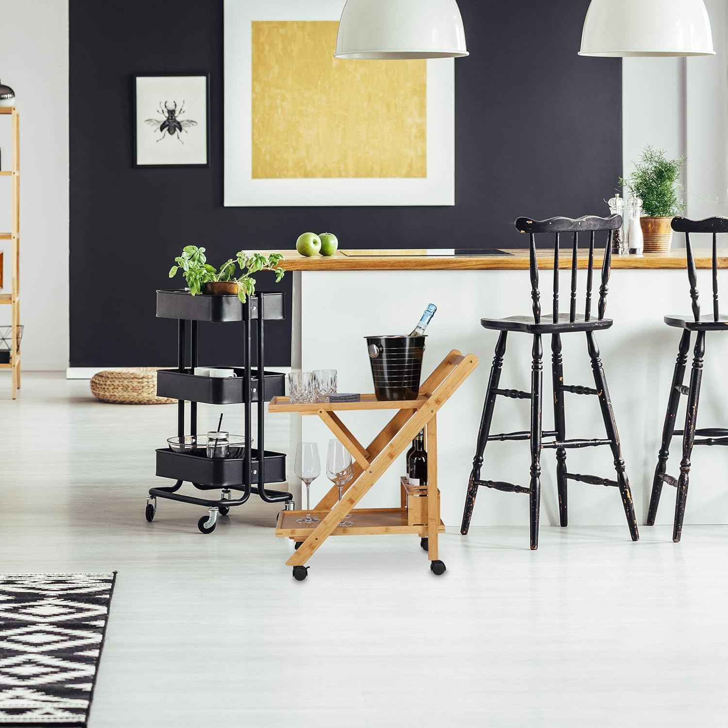 Relaxdays - desserte pliante bambou, 70x40,5x65cm, brun/noir