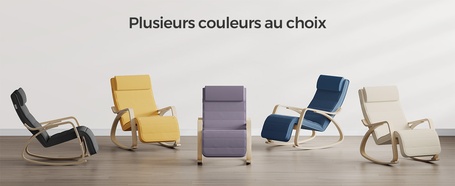 Collection de fauteuils à bascule modernes de différentes couleurs, dont le jaune, le violet, le bleu et le blanc, avec des cadres en bois et des sièges rembourrés