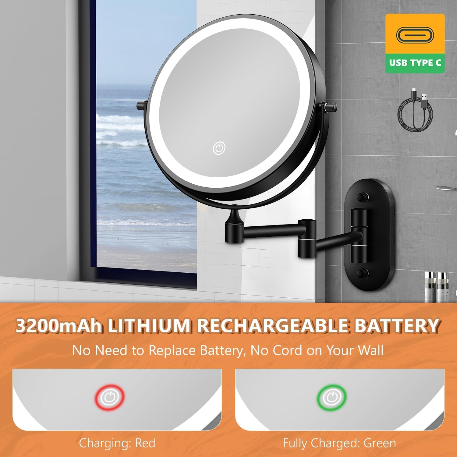 Auxmir - miroir mural maquillage 1x/20x - USB, pivotant, tactile, 3 couleurs