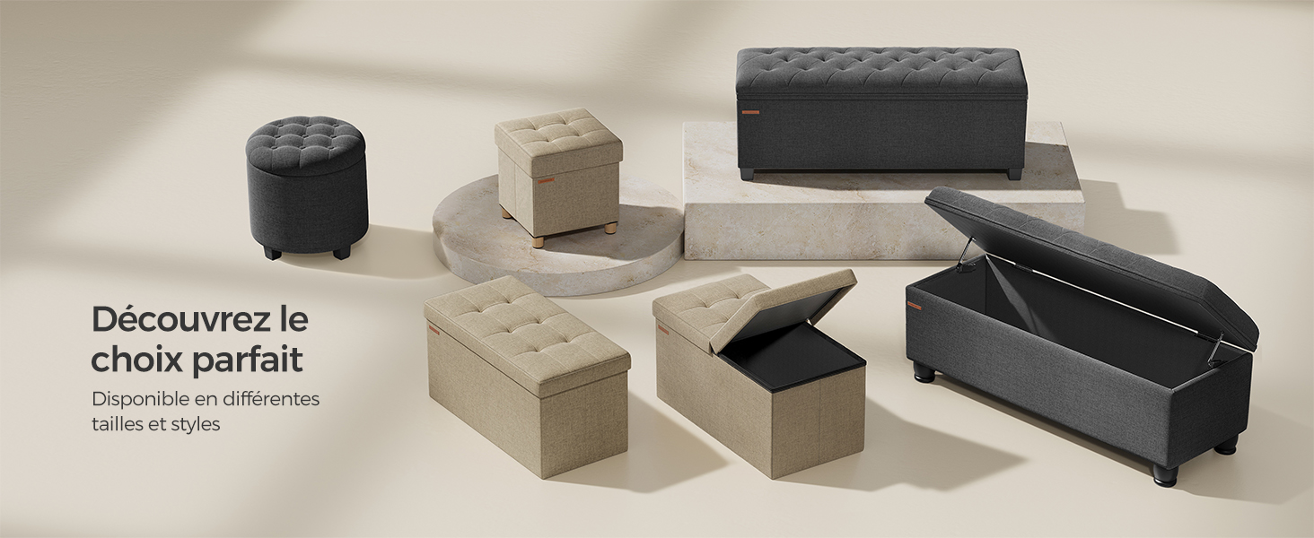 de poufs et de bancs de rangement aux couleurs beige et gris foncé, avec revêtement capitonné et couvercles à charnières pour
