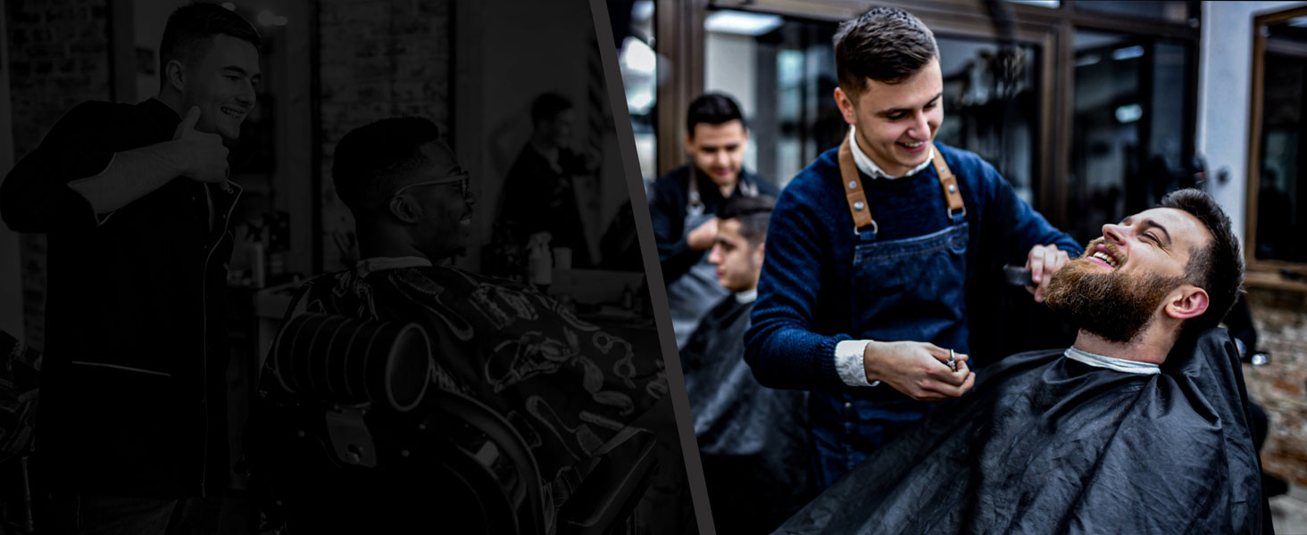 deux hommes dans un salon de coiffure