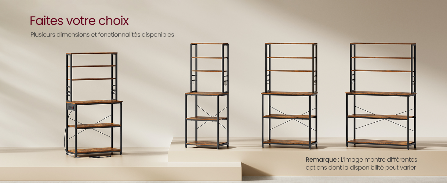 Quatre variantes d'étagères de style industriel avec des étagères en bois et des cadres en métal, présentant différentes