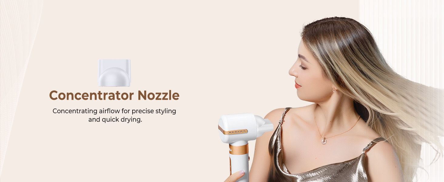 Le texte indique « Image 7 » et « Buse de concentration ». Profil latéral montrant la fixation du sèche-cheveux en cours d'utilisation, démontrant un effet de circulation d'air focalisé.