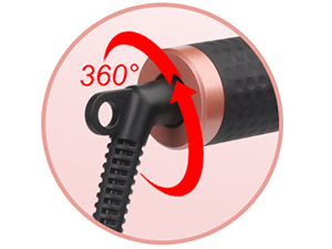 Gros plan d'un composant noir de l'appareil doté d'une capacité de rotation à 360 degrés, indiqué par une flèche rouge