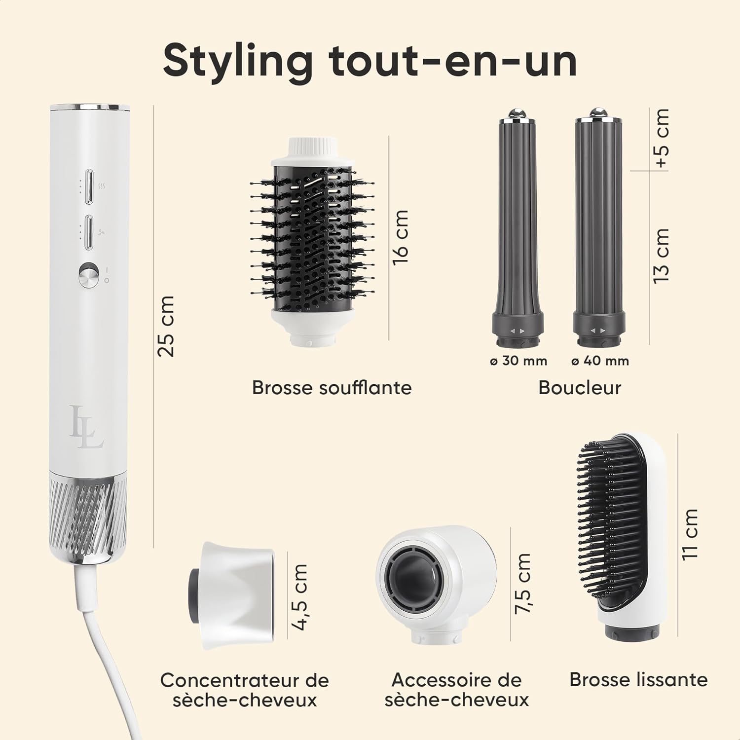 Brosse soufflante - luxe blanc argent - 135000 RPM - séchage rapide, ionique, auto-wrap, volumateur, lisseur