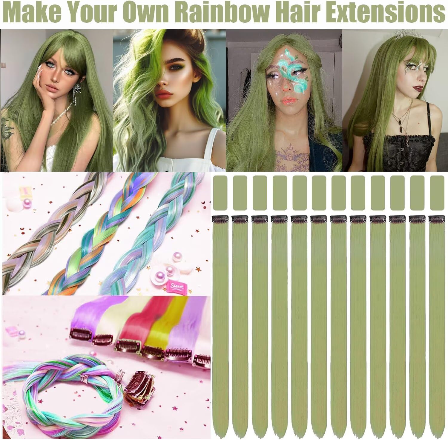 Extensions cheveux - vert polaire 12pcs 55cm, clip naturel, chaleur, fête